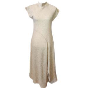 Zara NWT Cream & Gold Metallic Knit Mock Turtleneck Short Sleeved Midi Dress, S